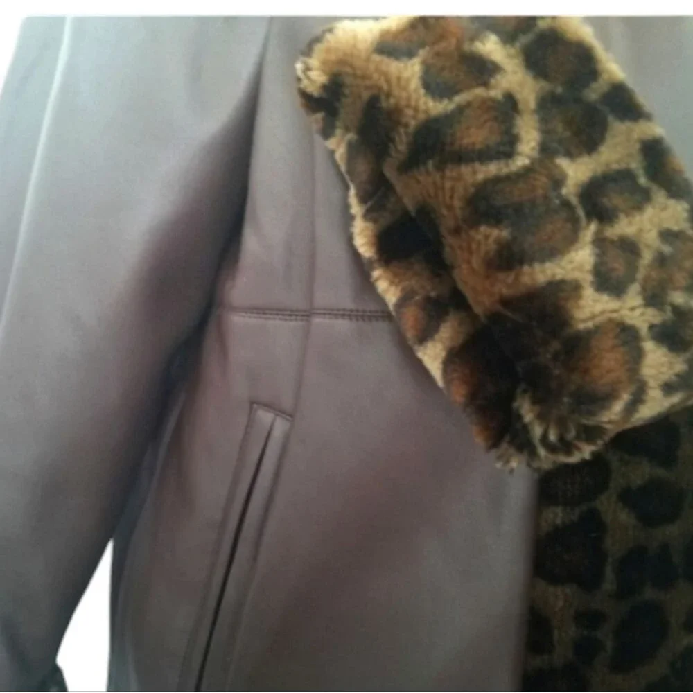 Leopard Trim Vegan Leather Quilted Lining Brown Animal Print Car Coat Sz…
